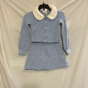 Max Studio Girls Size 5 2 Pc Outfit Blue Silver Faux Fur Collar Cardigan Skirt